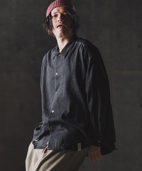 GLIMCLAP(グリムクラップ)の「ms6161-Ripped denim shirt デニムシャツ(シャツ/ブラウス・メンズ・インディゴブルー/ブラック・S/M/L)」の11枚目の写真