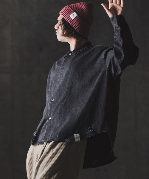 GLIMCLAP(グリムクラップ)の「ms6161-Ripped denim shirt デニムシャツ(シャツ/ブラウス・メンズ・インディゴブルー/ブラック・S/M/L)」の12枚目の写真