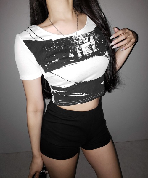 me+em select(ミームセレクト)の「【 2color 】ヴィンテージプリント半袖ショートリブTシャツ / vintage print short sleeve short lib t-shirt ※※(Tシャツ/カットソー・レディース・ホワイト/ブラック・FREE)」の12枚目の写真