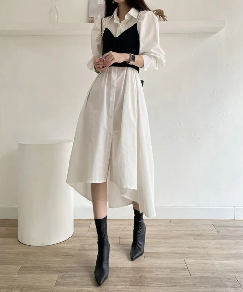 Jasmine Grandiflorum(ジャスミングランディフローラム)の「【Jasmine】ビスチェ&シャツワンピースSET(セットアップ・レディース・ホワイト/ブルー・FREE)」の9枚目の写真