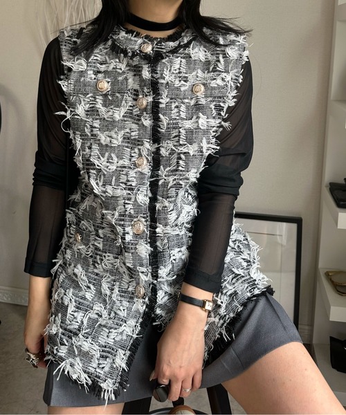 Avec deux clefs ロングベスト ツイード セール】ツイード風デザイン