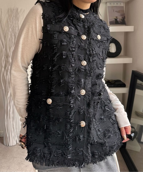 Avec deux clefs ロングベスト ツイード セール】ツイード風デザイン