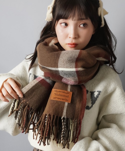 【特別品】レトロマル機ベージュ マフラー 巻くだけでかわいさ2割増し♪ さらふわBIGタータンチェックマフラー