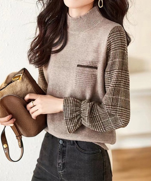 Miniministore(ミニミニストア)の「チェック柄ドッキングニットレディース秋服(ニット/セーター・レディース・ブラウン/ベージュ/ブラック・FREE)」の1枚目の写真