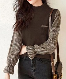 チェック柄ドッキングニットレディース秋服