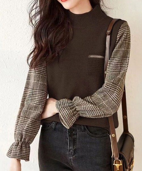 Miniministore(ミニミニストア)の「チェック柄ドッキングニットレディース秋服(ニット/セーター・レディース・ブラウン/ベージュ/ブラック・FREE)」の3枚目の写真