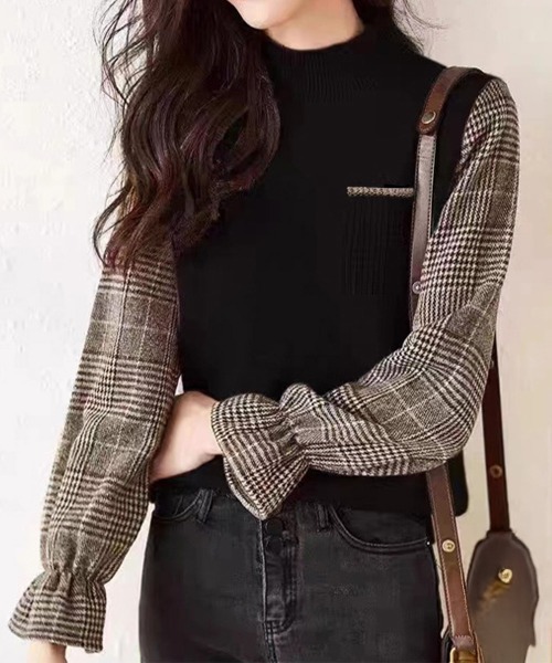 Miniministore(ミニミニストア)の「チェック柄ドッキングニットレディース秋服(ニット/セーター・レディース・ブラウン/ベージュ/ブラック・FREE)」の2枚目の写真