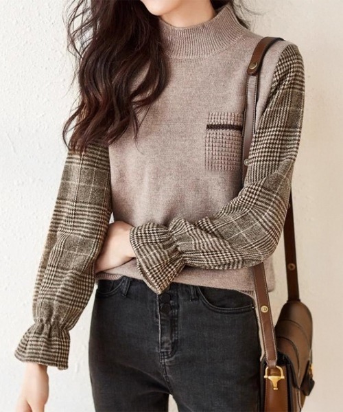 Miniministore(ミニミニストア)の「チェック柄ドッキングニットレディース秋服(ニット/セーター・レディース・ブラウン/ベージュ/ブラック・FREE)」の4枚目の写真