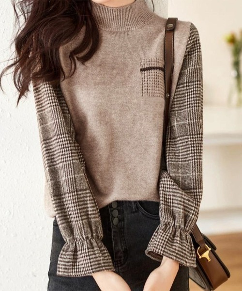 Miniministore(ミニミニストア)の「チェック柄ドッキングニットレディース秋服(ニット/セーター・レディース・ブラウン/ベージュ/ブラック・FREE)」の5枚目の写真