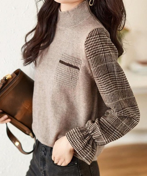 Miniministore(ミニミニストア)の「チェック柄ドッキングニットレディース秋服(ニット/セーター・レディース・ブラウン/ベージュ/ブラック・FREE)」の6枚目の写真