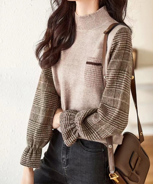 Miniministore(ミニミニストア)の「チェック柄ドッキングニットレディース秋服(ニット/セーター・レディース・ブラウン/ベージュ/ブラック・FREE)」の7枚目の写真