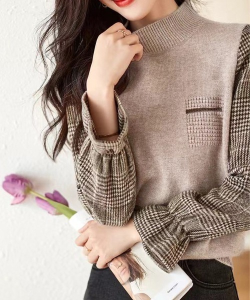 Miniministore(ミニミニストア)の「チェック柄ドッキングニットレディース秋服(ニット/セーター・レディース・ブラウン/ベージュ/ブラック・FREE)」の8枚目の写真
