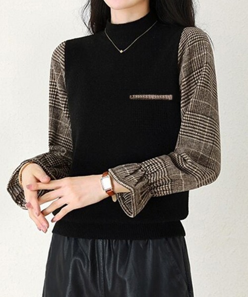 Miniministore(ミニミニストア)の「チェック柄ドッキングニットレディース秋服(ニット/セーター・レディース・ブラウン/ベージュ/ブラック・FREE)」の9枚目の写真