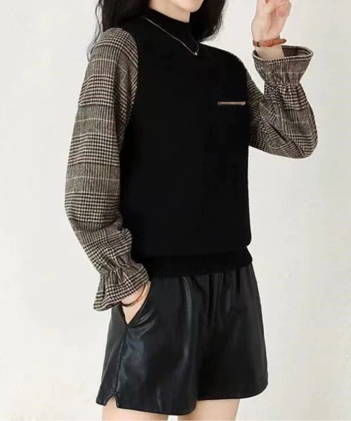 Miniministore(ミニミニストア)の「チェック柄ドッキングニットレディース秋服(ニット/セーター・レディース・ブラウン/ベージュ/ブラック・FREE)」の11枚目の写真
