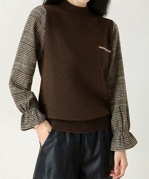 Miniministore(ミニミニストア)の「チェック柄ドッキングニットレディース秋服(ニット/セーター・レディース・ブラウン/ベージュ/ブラック・FREE)」の12枚目の写真