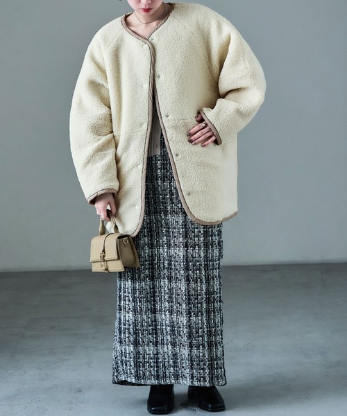 Fashion Letter（ファッションレター）の「ボア×ひょうたんキルトリバーシブルコート（ノーカラーコート・レディース・アイボリー/カーキ/ブラック・M）」の3枚目の写真