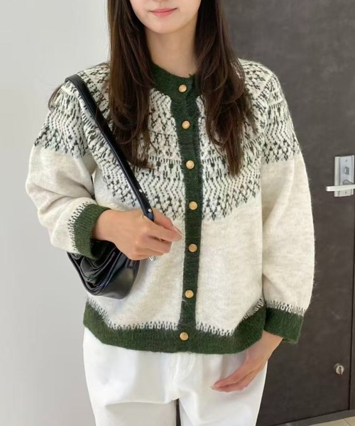mebole(メボレ)の「ジャガード柄レトロカーディガン(カーディガン/ボレロ・レディース・グレー/ブラウン/グリーン/ネイビー・FREE)」の1枚目の写真