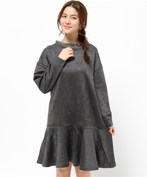 OUTLET（アウトレット）の「【Omekashi】スエードライク裏毛ワンピース（ワンピース・レディース・チャコールグレー/カーキ/ブラック・FREE）」の3枚目の写真