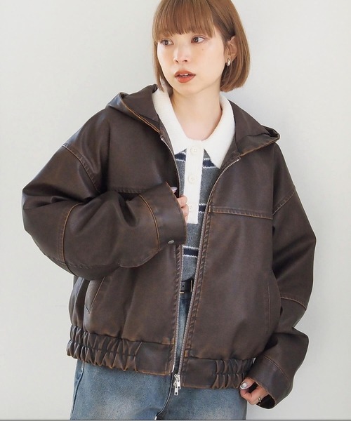 tiptop（ティップトップ）の「ヴィンテージ加工合皮フードブルゾン（ブルゾン・レディース・ブラック/ブラウン・FREE）」の21枚目の写真