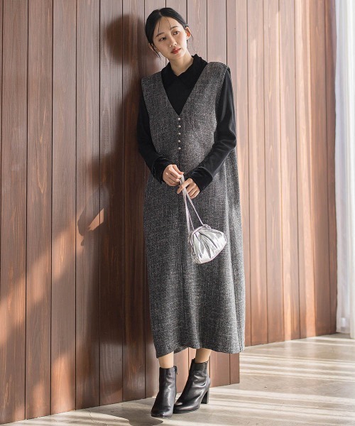 【NEW】ドロワットロートレアモン（Droite lautreamont）/ツィードVネックジャンスカワンピース セール】ツィードVネックジャンスカワンピース（ジャンパースカート