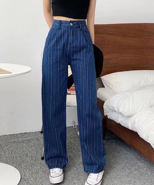 meJane(ミージェーン)の「ストライプ柄 ストレートデニムパンツ(デニムパンツ・レディース・ダークブルー・L/M)」の3枚目の写真