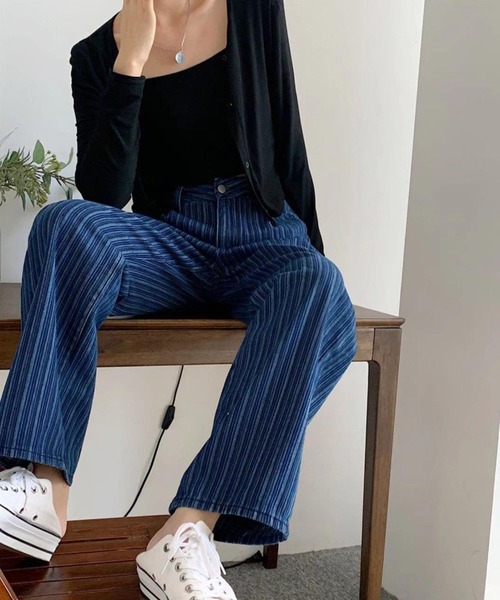 meJane(ミージェーン)の「ストライプ柄 ストレートデニムパンツ(デニムパンツ・レディース・ダークブルー・L/M)」の2枚目の写真