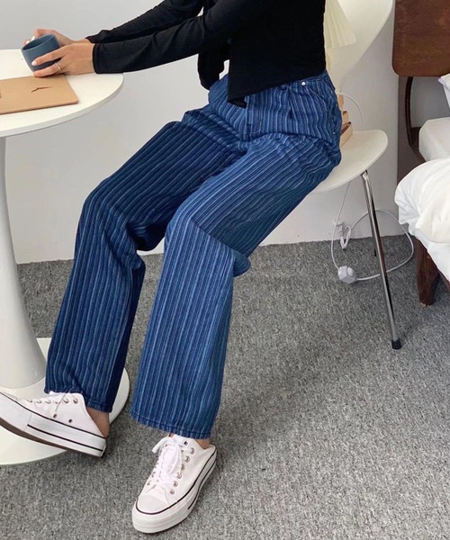 meJane(ミージェーン)の「ストライプ柄 ストレートデニムパンツ(デニムパンツ・レディース・ダークブルー・L/M)」の6枚目の写真