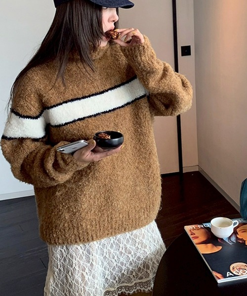 LYEON(リヨン)の「2wayオフタートルボーダーニット(ニット/セーター・レディース・ブラック/キャメル/ブルー/グレー・FREE)」の14枚目の写真