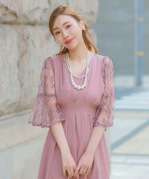 Retica(レティカ)の「パーティードレス 秋冬 結婚式 大人 20代 30代 40代 ロング丈 マキシ丈 レース フォーマル 五分袖 レース シャーリング シルエット ワンピース 卒業式 入学式 二次会 披露宴 発表会 同窓会 オケージョンドレス(ドレス・レディース・ピンク/ネイビー/ブルー・S/M/L/XL)」の3枚目の写真