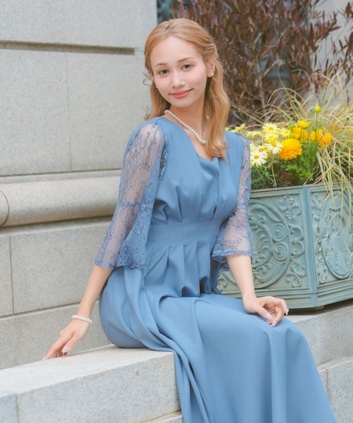 Retica(レティカ)の「パーティードレス 秋冬 結婚式 大人 20代 30代 40代 ロング丈 マキシ丈 レース フォーマル 五分袖 レース シャーリング シルエット ワンピース 卒業式 入学式 二次会 披露宴 発表会 同窓会 オケージョンドレス(ドレス・レディース・ピンク/ネイビー/ブルー・S/M/L/XL)」の2枚目の写真