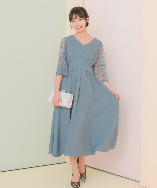 Retica(レティカ)の「パーティードレス 秋冬 結婚式 大人 20代 30代 40代 ロング丈 マキシ丈 レース フォーマル 五分袖 レース シャーリング シルエット ワンピース 卒業式 入学式 二次会 披露宴 発表会 同窓会 オケージョンドレス(ドレス・レディース・ピンク/ネイビー/ブルー・S/M/L/XL)」の4枚目の写真
