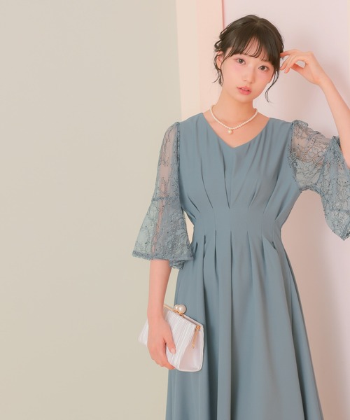 Retica(レティカ)の「パーティードレス 秋冬 結婚式 大人 20代 30代 40代 ロング丈 マキシ丈 レース フォーマル 五分袖 レース シャーリング シルエット ワンピース 卒業式 入学式 二次会 披露宴 発表会 同窓会 オケージョンドレス(ドレス・レディース・ピンク/ネイビー/ブルー・S/M/L/XL)」の5枚目の写真