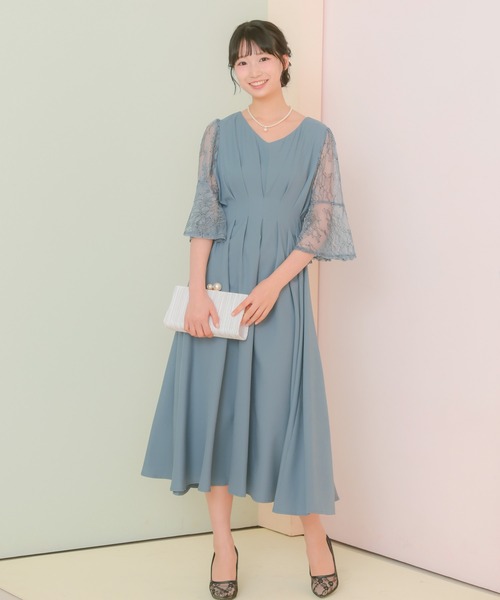 Retica(レティカ)の「パーティードレス 秋冬 結婚式 大人 20代 30代 40代 ロング丈 マキシ丈 レース フォーマル 五分袖 レース シャーリング シルエット ワンピース 卒業式 入学式 二次会 披露宴 発表会 同窓会 オケージョンドレス(ドレス・レディース・ピンク/ネイビー/ブルー・S/M/L/XL)」の6枚目の写真