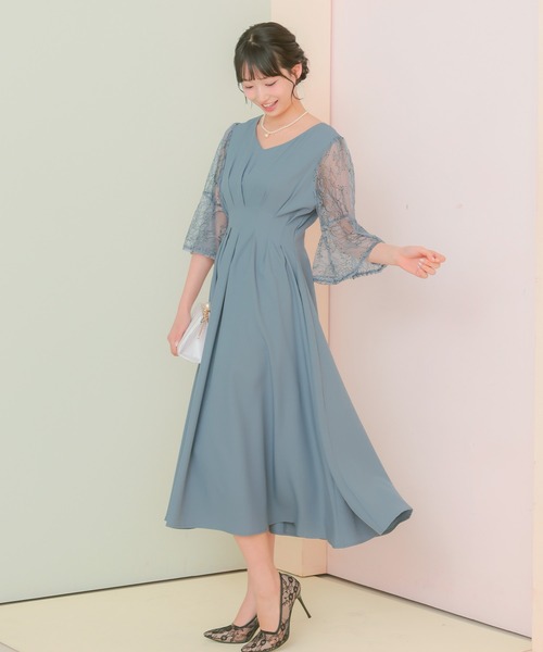 Retica(レティカ)の「パーティードレス 秋冬 結婚式 大人 20代 30代 40代 ロング丈 マキシ丈 レース フォーマル 五分袖 レース シャーリング シルエット ワンピース 卒業式 入学式 二次会 披露宴 発表会 同窓会 オケージョンドレス(ドレス・レディース・ピンク/ネイビー/ブルー・S/M/L/XL)」の7枚目の写真