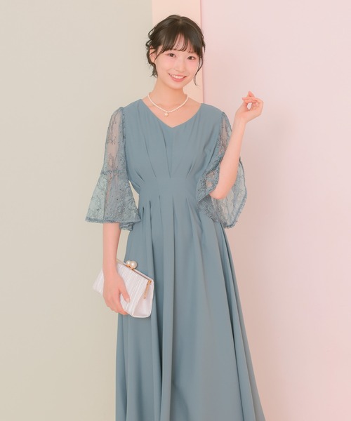 Retica(レティカ)の「パーティードレス 秋冬 結婚式 大人 20代 30代 40代 ロング丈 マキシ丈 レース フォーマル 五分袖 レース シャーリング シルエット ワンピース 卒業式 入学式 二次会 披露宴 発表会 同窓会 オケージョンドレス(ドレス・レディース・ピンク/ネイビー/ブルー・S/M/L/XL)」の9枚目の写真