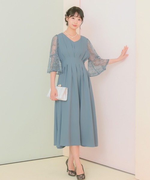 Retica(レティカ)の「パーティードレス 秋冬 結婚式 大人 20代 30代 40代 ロング丈 マキシ丈 レース フォーマル 五分袖 レース シャーリング シルエット ワンピース 卒業式 入学式 二次会 披露宴 発表会 同窓会 オケージョンドレス(ドレス・レディース・ピンク/ネイビー/ブルー・S/M/L/XL)」の10枚目の写真