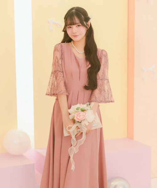 Retica(レティカ)の「パーティードレス 秋冬 結婚式 大人 20代 30代 40代 ロング丈 マキシ丈 レース フォーマル 五分袖 レース シャーリング シルエット ワンピース 卒業式 入学式 二次会 披露宴 発表会 同窓会 オケージョンドレス(ドレス・レディース・ピンク/ネイビー/ブルー・S/M/L/XL)」の11枚目の写真