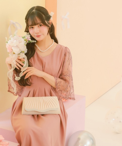 Retica(レティカ)の「パーティードレス 秋冬 結婚式 大人 20代 30代 40代 ロング丈 マキシ丈 レース フォーマル 五分袖 レース シャーリング シルエット ワンピース 卒業式 入学式 二次会 披露宴 発表会 同窓会 オケージョンドレス(ドレス・レディース・ピンク/ネイビー/ブルー・S/M/L/XL)」の12枚目の写真