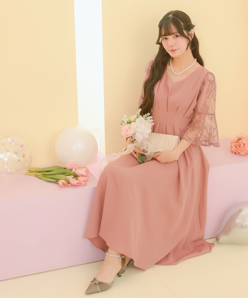 Retica(レティカ)の「パーティードレス 秋冬 結婚式 大人 20代 30代 40代 ロング丈 マキシ丈 レース フォーマル 五分袖 レース シャーリング シルエット ワンピース 卒業式 入学式 二次会 披露宴 発表会 同窓会 オケージョンドレス(ドレス・レディース・ピンク/ネイビー/ブルー・S/M/L/XL)」の13枚目の写真