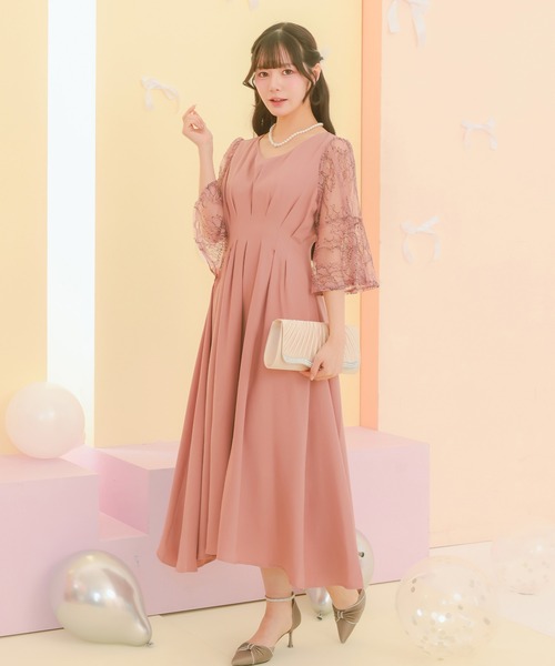 Retica(レティカ)の「パーティードレス 秋冬 結婚式 大人 20代 30代 40代 ロング丈 マキシ丈 レース フォーマル 五分袖 レース シャーリング シルエット ワンピース 卒業式 入学式 二次会 披露宴 発表会 同窓会 オケージョンドレス(ドレス・レディース・ピンク/ネイビー/ブルー・S/M/L/XL)」の15枚目の写真