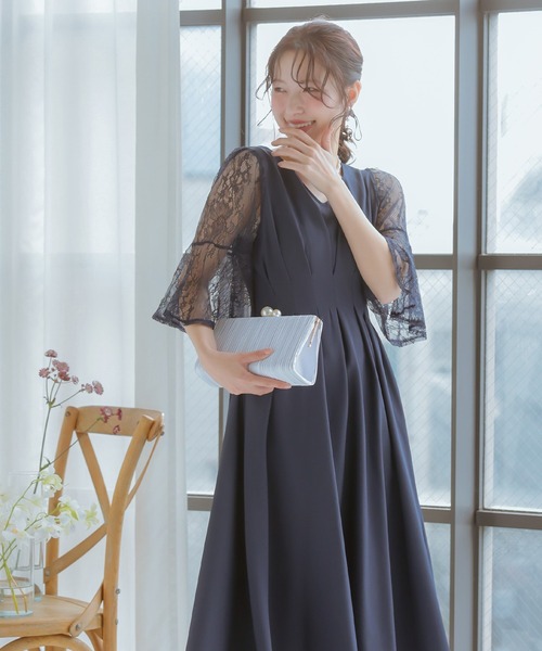 Retica(レティカ)の「パーティードレス 秋冬 結婚式 大人 20代 30代 40代 ロング丈 マキシ丈 レース フォーマル 五分袖 レース シャーリング シルエット ワンピース 卒業式 入学式 二次会 披露宴 発表会 同窓会 オケージョンドレス(ドレス・レディース・ピンク/ネイビー/ブルー・S/M/L/XL)」の21枚目の写真