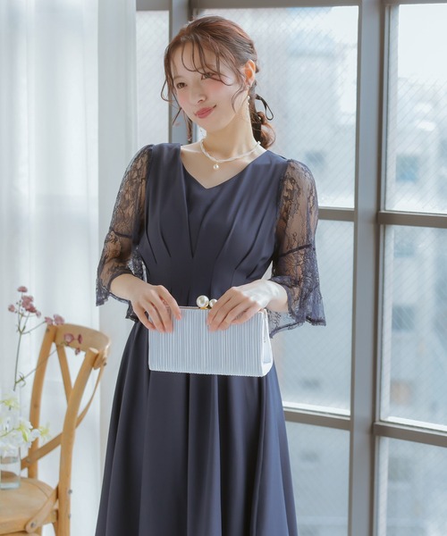 Retica(レティカ)の「パーティードレス 秋冬 結婚式 大人 20代 30代 40代 ロング丈 マキシ丈 レース フォーマル 五分袖 レース シャーリング シルエット ワンピース 卒業式 入学式 二次会 披露宴 発表会 同窓会 オケージョンドレス(ドレス・レディース・ピンク/ネイビー/ブルー・S/M/L/XL)」の22枚目の写真