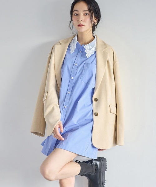 VIS（ビス）の「襟レース付きミニ丈シャツワンピ（シャツワンピース・レディース・サックスブルー/ホワイト・FREE）」の2枚目の写真