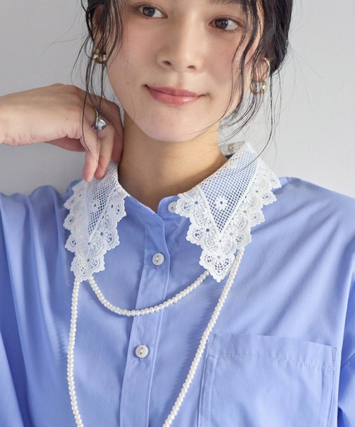 VIS（ビス）の「襟レース付きミニ丈シャツワンピ（シャツワンピース・レディース・サックスブルー/ホワイト・FREE）」の10枚目の写真