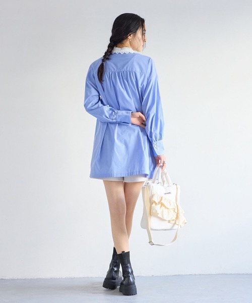 VIS（ビス）の「襟レース付きミニ丈シャツワンピ（シャツワンピース・レディース・サックスブルー/ホワイト・FREE）」の12枚目の写真
