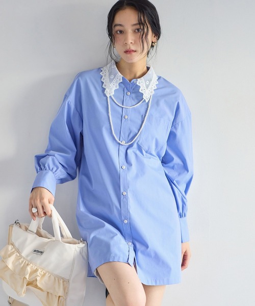 VIS（ビス）の「襟レース付きミニ丈シャツワンピ（シャツワンピース・レディース・サックスブルー/ホワイト・FREE）」の8枚目の写真