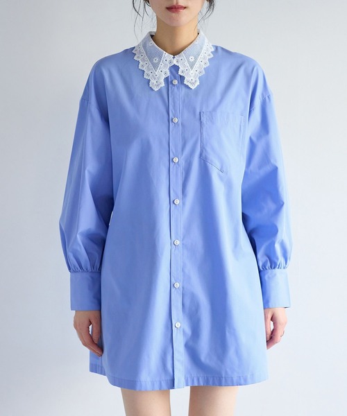 VIS（ビス）の「襟レース付きミニ丈シャツワンピ（シャツワンピース・レディース・サックスブルー/ホワイト・FREE）」の13枚目の写真