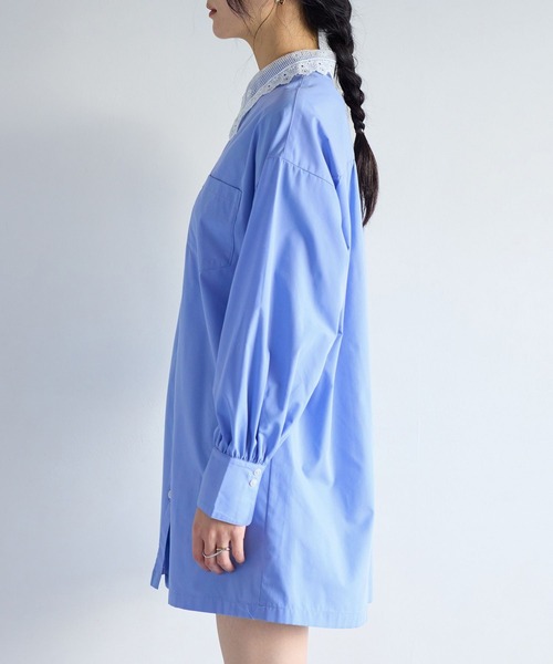 VIS（ビス）の「襟レース付きミニ丈シャツワンピ（シャツワンピース・レディース・サックスブルー/ホワイト・FREE）」の14枚目の写真