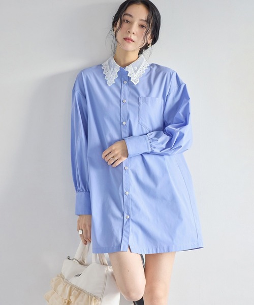 VIS（ビス）の「襟レース付きミニ丈シャツワンピ（シャツワンピース・レディース・サックスブルー/ホワイト・FREE）」の9枚目の写真