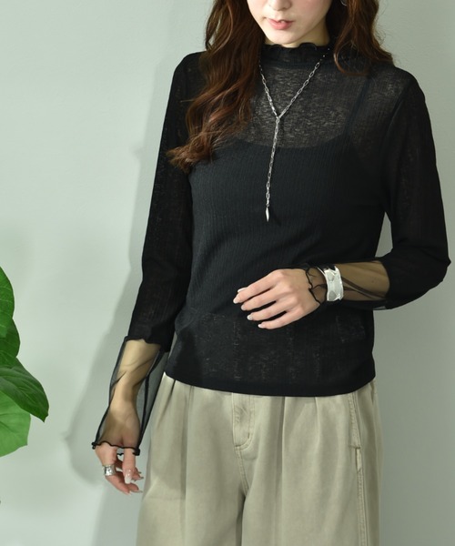 INTERPLANET（インタープラネット）の「シアーテレコリブ袖口チュール切替プルオーバー（Tシャツ/カットソー・レディース・アイボリー/ブラック・FREE）」の2枚目の写真